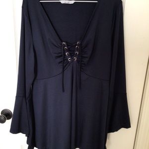 Deep NAVY Top  Tunic Long Gorgeous Flared Sleeves Lace Up Front Accent Size XL